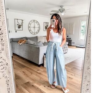 NWT OVERSIZED DARK STRIPED WIDE LEG DENIM LOUNGE PANTS WITH DRAWSTRING